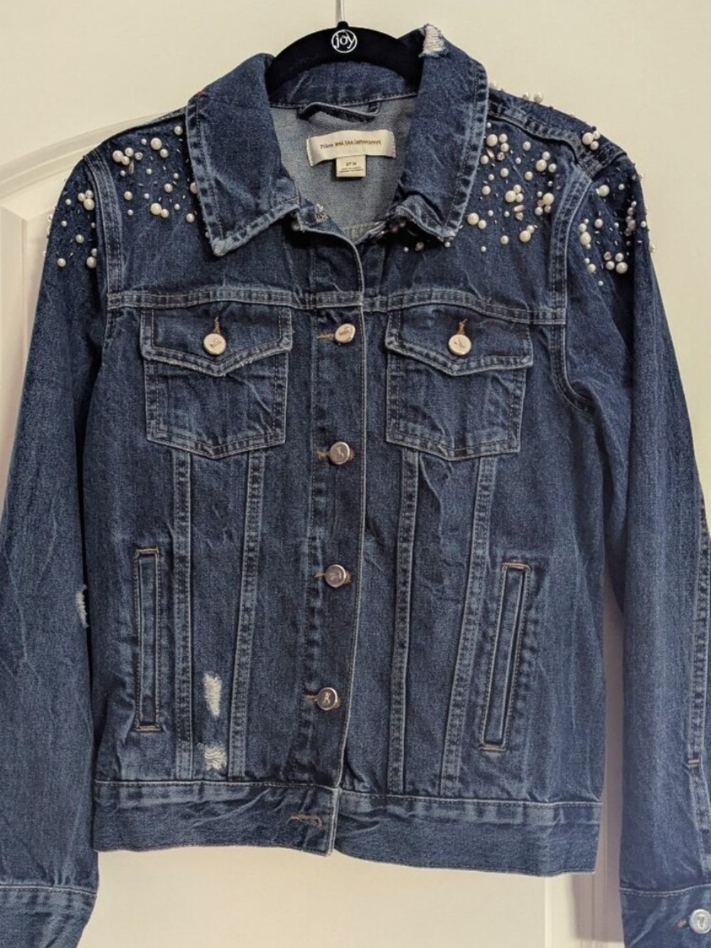 Pilcro and the Letterpress Pearl-Embellished Blue Denim Jacket EUC